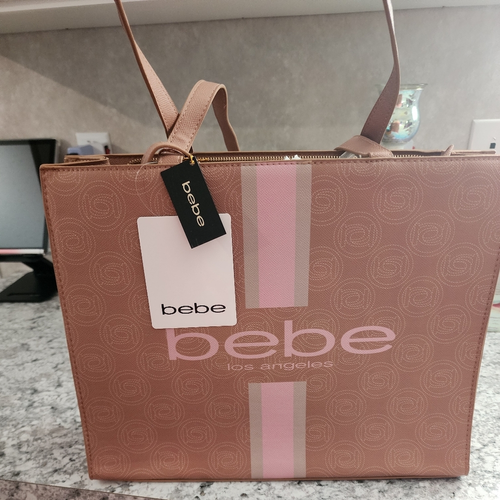 New With Tags Large Bebe Pink and Tan Tote Bag With Matching Small Bag. 16 X 13